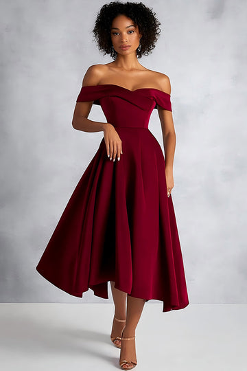 Burgundy A Line Off The Shoulder Satin Midi Formal Dress